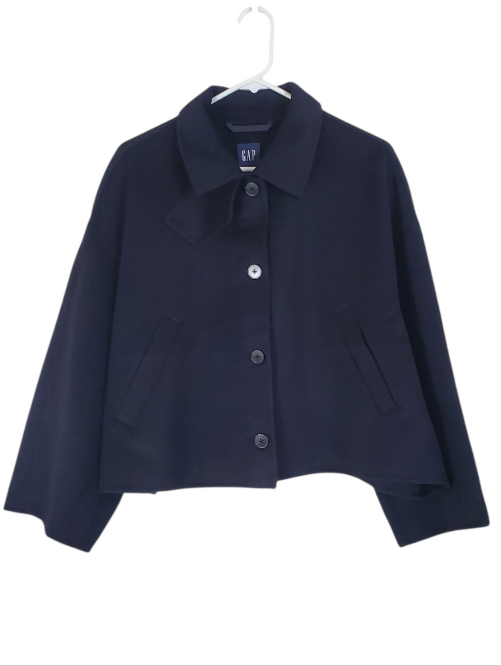 Gap Wool Blend Swing Jacket Navy Pockets Parisian Chic Minimalist